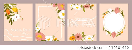 Wedding flower poster. Card with spring flowers for wedding invitation, decorative greeting floral cards with wildflowers bouquet. Vector flyer templates set 110581660