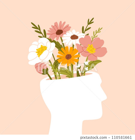 Mental health concept. Happy male head with flowers inside. Positive thinking, self care. Happiness and harmony, calmness and life balance vector illustration 110581661
