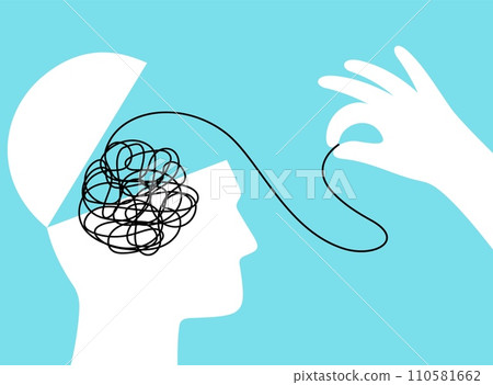 Psychotherapy. Therapist hand unravels tangle of psychological problems in patient head. Mental disorder, anxiety and confusion, stress relief vector concept 110581662
