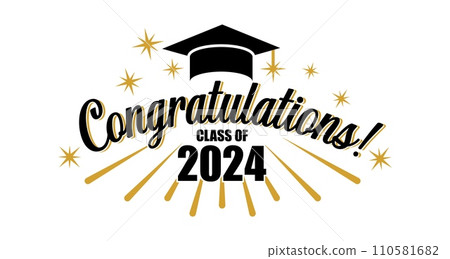 Congratulations greeting card. Graduation class of 2024 party poster with lettering, academic graduation cap and golden firework. Congratulation ceremony vector banner Congratulations greeting card. Graduation class of 2024 party poster with lettering, academic graduation cap and golden firework. Congratulation ceremony vector banner 110581682