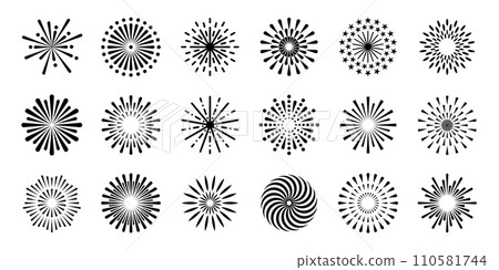 Firework. Firecrackers explosions in sky, celebration festival salute with sparkles. Christmas, Independence Day festive bursting light. Vector firework icons set 110581744
