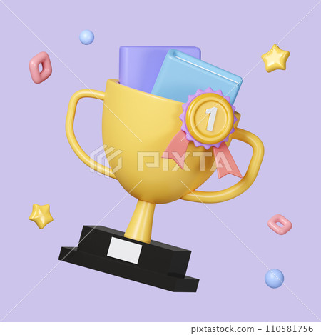 3D School achievement with prize winner and golden cup and book isolated on pastel background. icon symbol clipping path. education. 3d render illustration 110581756