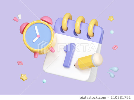 Daily planner, calendar with checklist, pencil, alarm clock and sticky notes. Concept of project plan, deadline, work agenda with date schedule, icon symbol clipping path. 3d render illustration Daily planner, calendar with checklist, pencil, alarm clock and sticky notes. Concept of project plan, deadline, work agenda with date schedule, icon symbol clipping path. 3d render illustration 110581791