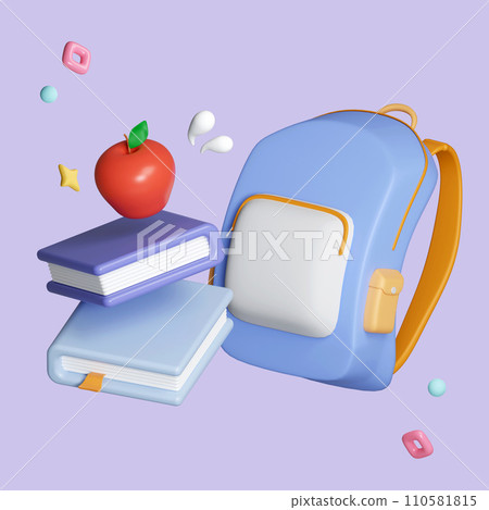 3D Minimal school icon concept, Apple on a stack book and school bag isolated on background, icon symbol clipping path. 3d render illustration 110581815