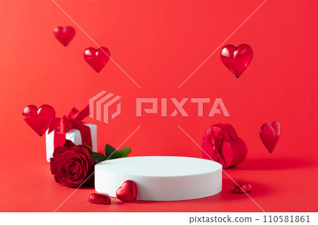 Abstract empty white podium with heart and rose flowers on red background 110581861
