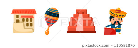 Mexican Objects and Symbols with Maraca, Monument, House and Man Toreador Vector Set Mexican Objects and Symbols with Maraca, Monument, House and Man Toreador Vector Set 110581870