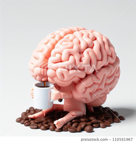 Create a 3D plastic model of a brain and coffee, the other half being a computer. The concept of coffee and brain function Create a 3D plastic model of a brain and coffee, the other half being a computer. The concept of coffee and brain function 110581967
