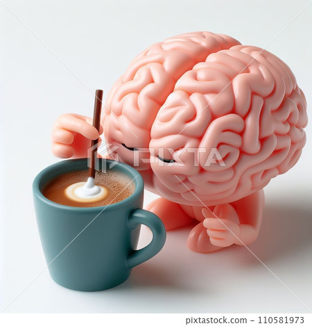 Create a 3D plastic model of a brain and coffee, the other half being a computer. The concept of coffee and brain function Create a 3D plastic model of a brain and coffee, the other half being a computer. The concept of coffee and brain function 110581973