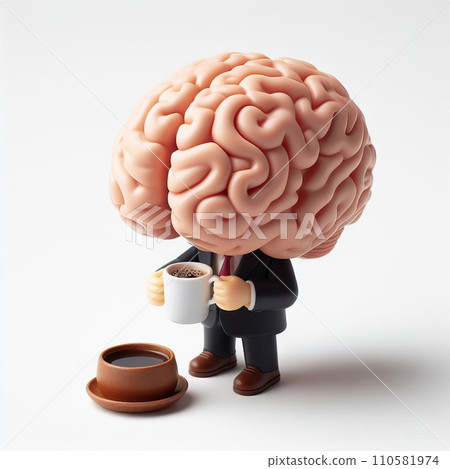 Create a 3D plastic model of a brain and coffee, the other half being a computer. The concept of coffee and brain function Create a 3D plastic model of a brain and coffee, the other half being a computer. The concept of coffee and brain function 110581974