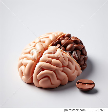 Create a 3D plastic model of a brain and coffee, the other half being a computer. The concept of coffee and brain function Create a 3D plastic model of a brain and coffee, the other half being a computer. The concept of coffee and brain function 110581975