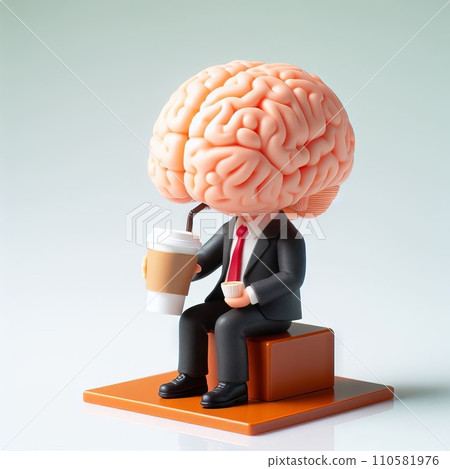 Create a 3D plastic model of a brain and coffee, the other half being a computer. The concept of coffee and brain function Create a 3D plastic model of a brain and coffee, the other half being a computer. The concept of coffee and brain function 110581976