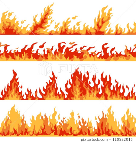 Cartoon fire borders. Seamless flamed dividers. Different burning directions and intensity. Hot red linear bonfires. Danger flaming. Hell blazing. Inferno firewall. Recent vector set 110582015
