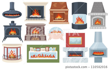 Cartoon fireplaces and hearths. Home interior heating. Cozy room elements. Modern domestic fire. Retro stove. Warm house. Burning flame. Traditional household furnace. Recent vector set Cartoon fireplaces and hearths. Home interior heating. Cozy room elements. Modern domestic fire. Retro stove. Warm house. Burning flame. Traditional household furnace. Recent vector set 110582016