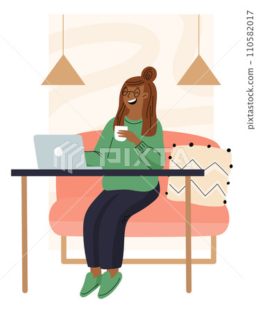 Cartoon freelancer. Worker at laptop. Woman working at home. Freelance distance job. Online technology. Comfortable workplace. Domestic office. Professional occupation. Vector concept Cartoon freelancer. Worker at laptop. Woman working at home. Freelance distance job. Online technology. Comfortable workplace. Domestic office. Professional occupation. Vector concept 110582017