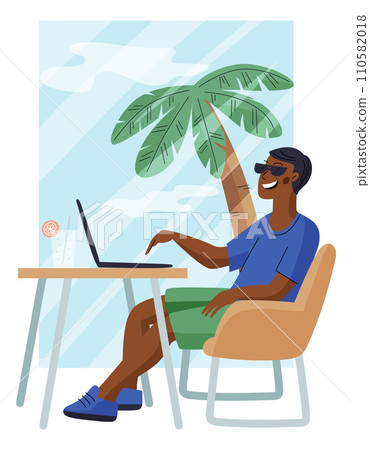 Cartoon freelancer. Man working at computer. Tropical resort. Freelance distance job. Summer vacation. Tourist sitting at laptop. Online technology. Office at beach. Vector concept Cartoon freelancer. Man working at computer. Tropical resort. Freelance distance job. Summer vacation. Tourist sitting at laptop. Online technology. Office at beach. Vector concept 110582018