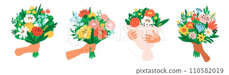 Cartoon hands hold flowers. Beautiful bouquets. Spring holiday botanical present. Floral compositions. Blooming romantic gifts. Blossoms bunch in arms. Natural plants. Garish vector set Cartoon hands hold flowers. Beautiful bouquets. Spring holiday botanical present. Floral compositions. Blooming romantic gifts. Blossoms bunch in arms. Natural plants. Garish vector set 110582019