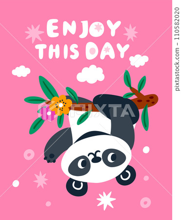 Cute panda. Cartoon greeting card. Animal character on eucalyptus branch. Asian baby mammal enjoying. Adorable Chinese bear. Lovely teddy. Kids birthday. Vector childish poster design Cute panda. Cartoon greeting card. Animal character on eucalyptus branch. Asian baby mammal enjoying. Adorable Chinese bear. Lovely teddy. Kids birthday. Vector childish poster design 110582020