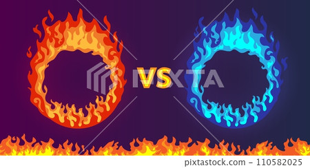 Flaming frames for confrontation. Burning versus borders. Red and blue circle fires. Rivalry fight design. Opponents competition. VS banner. Boxing championship. Recent vector concept 110582025