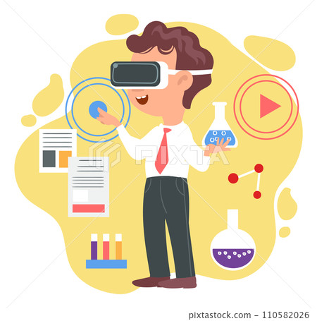 Kids virtual reality. Boy with VR glasses. Innovation augmented technology. Cyberspace simulation device. Futuristic education. Guy learning chemistry in digital laboratory. Vector concept Kids virtual reality. Boy with VR glasses. Innovation augmented technology. Cyberspace simulation device. Futuristic education. Guy learning chemistry in digital laboratory. Vector concept 110582026