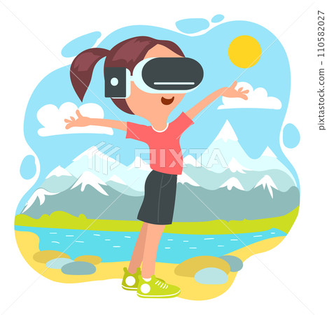 Kids virtual reality. Happy girl with VR glasses. Innovation augmented technology. Futuristic travel and study. Cyberspace simulation device. Child looking at landscape. Vector concept Kids virtual reality. Happy girl with VR glasses. Innovation augmented technology. Futuristic travel and study. Cyberspace simulation device. Child looking at landscape. Vector concept 110582027