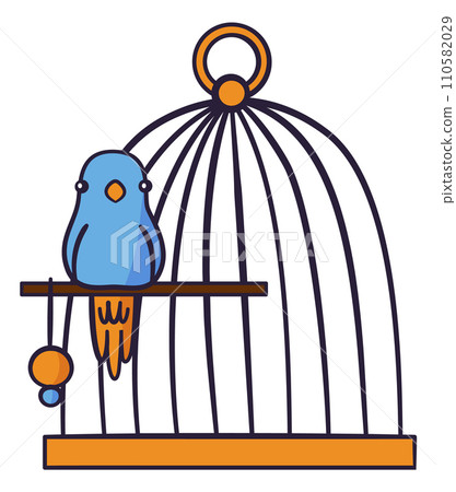 Pets accessories. Bird in cage. Domestic animal. Metal wire birdcage with perch. Parrot or canary care. Isolated veterinary equipment. Small birdie on perching. Vector vet shop object 110582029