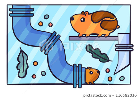 Pets accessories. Hamsters in cage. Veterinary equipment. Feeder or drinker bowl. Vet shop. Domestic small animal. Home rodents. Mice in labyrinth tunnel. Vector glass carrier for gnawers 110582030