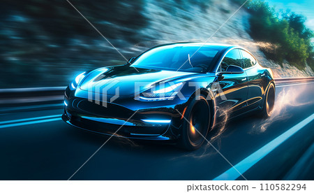 Generative AI an electric car driving on a road in the middle of a field with trees 110582294