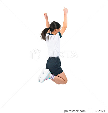 Back view of a girl wearing gym clothes jumping - Transparent background photo PNG precisely cut out by hand 110582421
