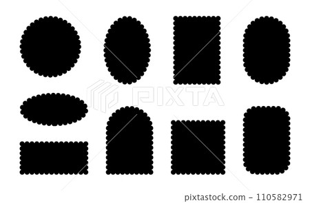 Scallop frame. Silhouettes of lace edges border elements. Design vector collection of isolated geometric shapes of circles, ovals and rectangles on a white background. Scallop frame. Silhouettes of lace edges border elements. Design vector collection of isolated geometric shapes of circles, ovals and rectangles on a white background. 110582971