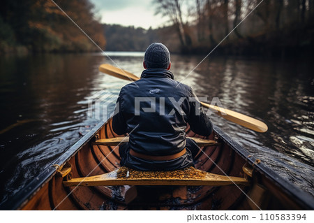 Generative AI a man rowing a wooden boat on a river 110583394