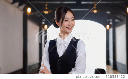 肖像,微笑的女人,制服,接待員,酒店員工,無視線 肖像,微笑的女人,制服,接待員,酒店員工,無視線 110583422