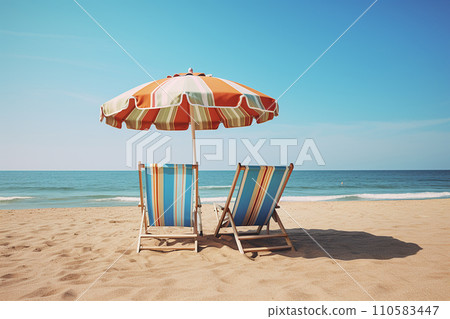 Generative AI a deckchair and an umbrella on a sea beach 110583447