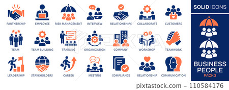 Business people icon set. Collection of team, leadership, workshop, employee, career and more. Vector illustration. Easily changes to any color. 110584176