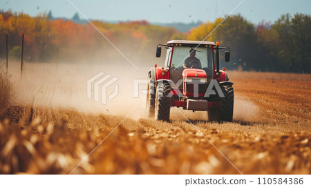 農場裡的日出，一輛強大的拖拉機在土壤上犁溝，溫暖的陽光投射出長長的影子。人工智慧影像 110584386