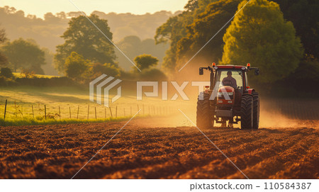 農場裡的日出，一輛強大的拖拉機在土壤上犁溝，溫暖的陽光投射出長長的影子。人工智慧影像 110584387