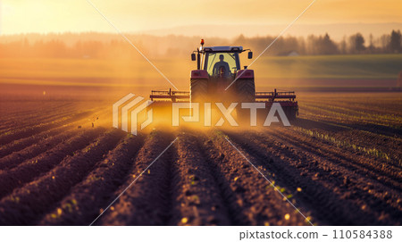 農場裡的日出，一輛強大的拖拉機在土壤上犁溝，溫暖的陽光投射出長長的影子。人工智慧影像 110584388