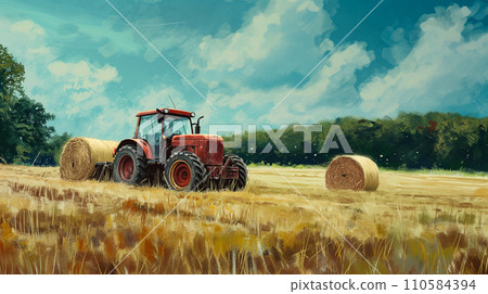 農場裡的日出，一輛強大的拖拉機在土壤上犁溝，溫暖的陽光投射出長長的影子。人工智慧影像 110584394