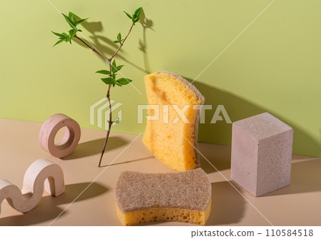 Eco cleaning with sponges, sustainable concept Eco cleaning with sponges, sustainable concept 110584518