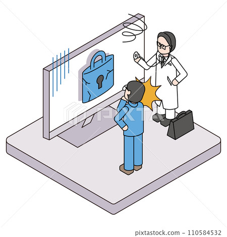 Isometric illustration of a male doctor examining a computer with weak security 110584532