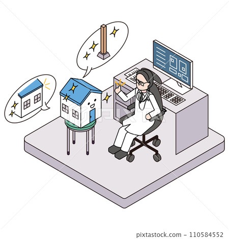 一棟獨立房屋的等距插圖擔心外牆和柱子的惡化，一名男醫生正在檢查房屋 110584552
