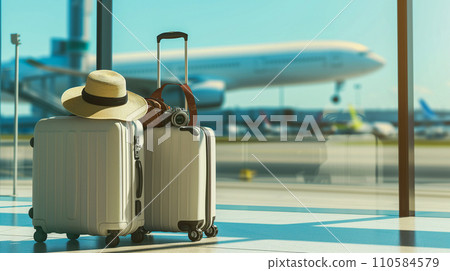 假期準備、機場的現代手提箱和配件、旅行和旅遊概念。人工智慧影像 110584579