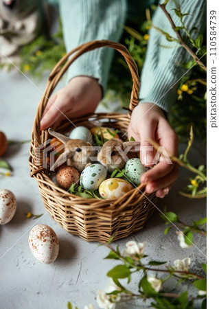 AI-generated content. Young woman hold rabbit and painted Easter eggs AI-generated content. Young woman hold rabbit and painted Easter eggs 110584739