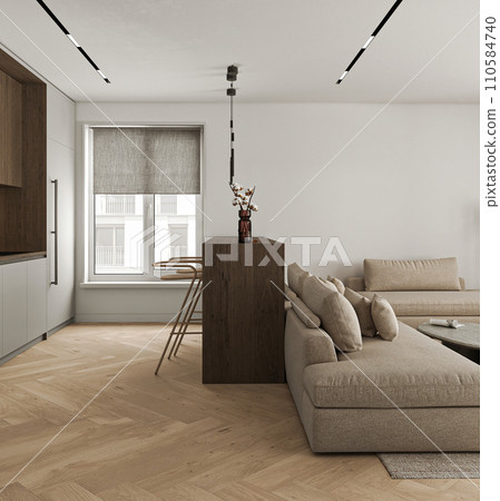 Sleek modern living room with herringbone wood floor and stylish beige sectional sofa by the window Sleek modern living room with herringbone wood floor and stylish beige sectional sofa by the window 110584740