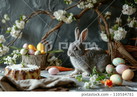 AI-generated content. Easter composition with rabbit and Easter eggs 110584781