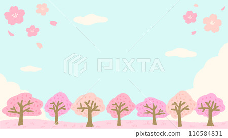 Spring-inspired landscape background frame of cherry blossoms and cherry blossom trees, cute simple hand-drawn illustration 110584831