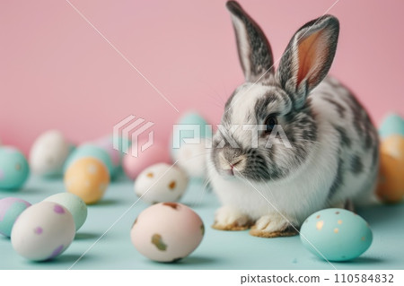 AI-generated content. Easter composition with rabbit and Easter eggs 110584832