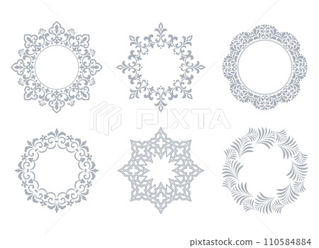 Set of decorative frames Elegant vector element for design in Eastern style, place for text. Floral gray and white borders. Lace illustration for invitations and greeting cards 110584884
