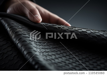 Generative AI Black leather fabric textile, hand holding the leather close ups Generative AI Black leather fabric textile, hand holding the leather close ups 110585060