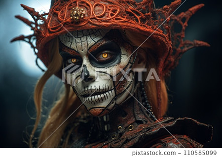 Generative AI Woman in a spooky costume halloween make up portrait close ups 110585099