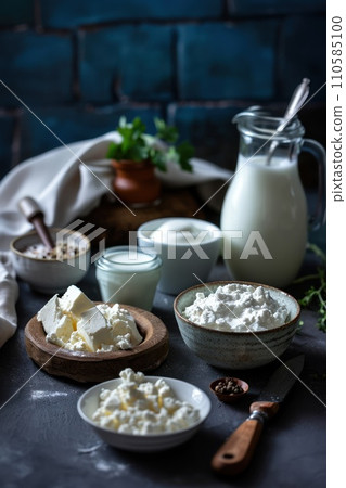 AI-generated content. Milk, eggs, sour cream, cottage cheese and cheese 110585100
